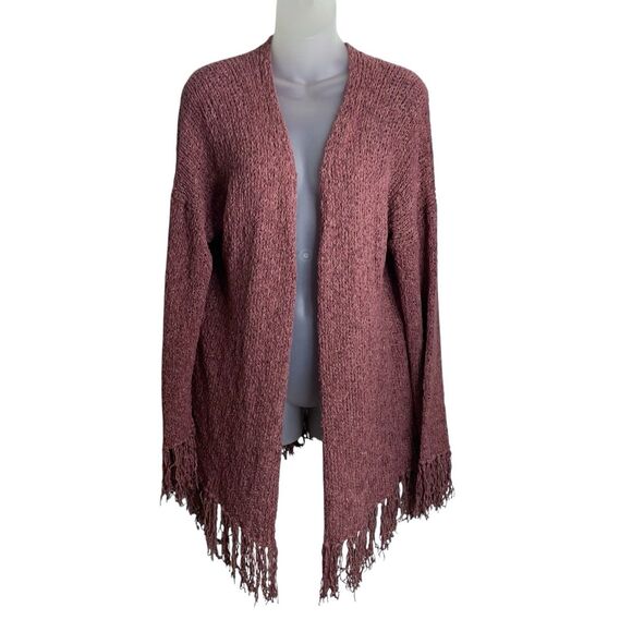 Very J Fringe Open Cardigan Women's Large Mauve Boho Chunky Knit Sweater Western - Picture 3 of 11